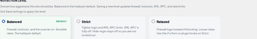 Protection level cards: Balanced (default), Strict, and Relaxed.