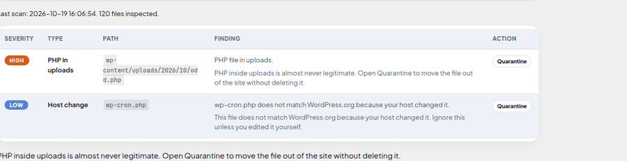 Malware and integrity scanner with a PHP-in-uploads finding and a host-change note.